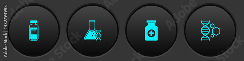Set Medical vial, ampoule, DNA research, search, Medicine bottle and Genetic engineering icon. Vector