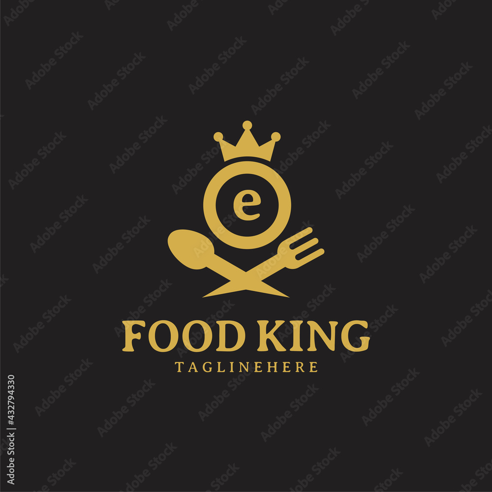 Initial letter E King food Logo Design Template. Illustration vector graphic. Design concept fork,spoon and crown With letter symbol. Perfect for cafe, restaurant, cooking business Initial letter E King food Logo Design Template. Illustration vector graphic. Design concept fork,spoon and crown With letter symbol. Perfect for cafe, restaurant, cooking business