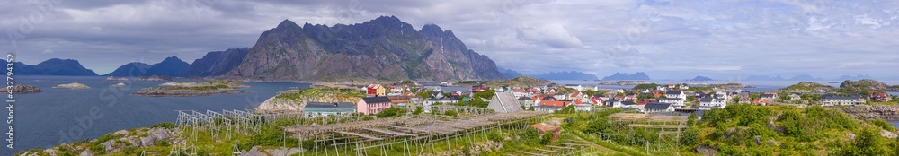 Panoramic image of the fishing village of Henningsvear on the Lofoten islands in northern Norway