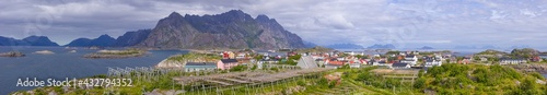 Panoramic image of the fishing village of Henningsvear on the Lofoten islands in northern Norway