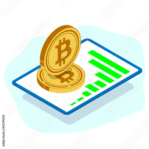 Large tablet top view with a graph of the growth of trades. De large gold volume coins of digital cryptocurrency bitcoin. The price is rising. Isometric view 3d illustration