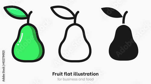 Pear flat illustration set isolated on white background. Green ripe pear fruit, summer food for healthy nutrition and sweet delicious dessert. Pear icon set for garden and vegan