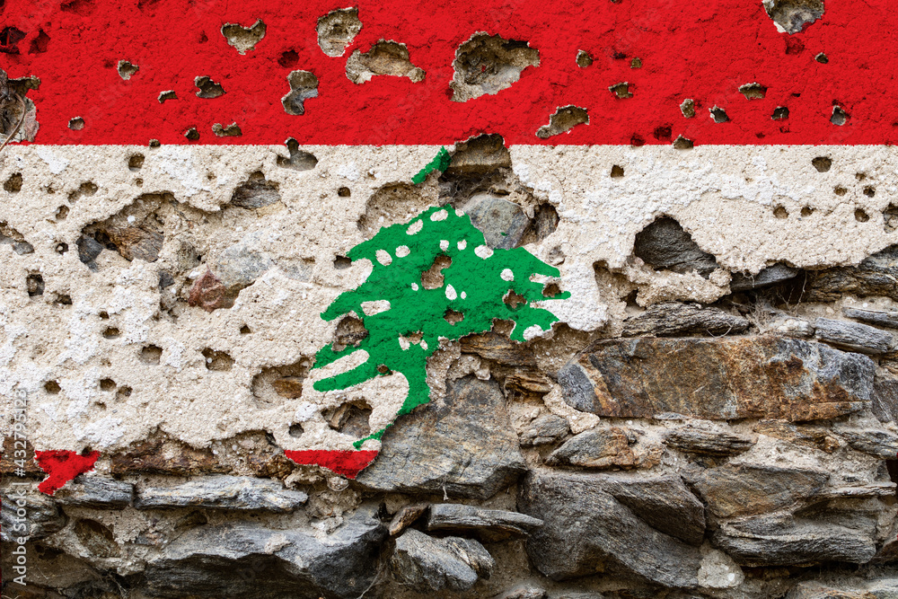 Concept of the Political Situation in Lebanon with a damaged painted flag on a cracked wall with wholes. 3D-Illustration. 3D-rendering