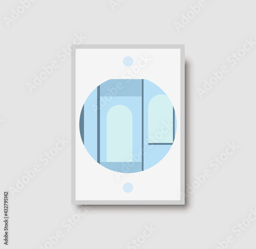 Architecture wall art print. Blue pastel staircase illustrtion for poster, print and decor. Geometric architectural wall art with light and shadows. Stairs, arch and wall minimal vector