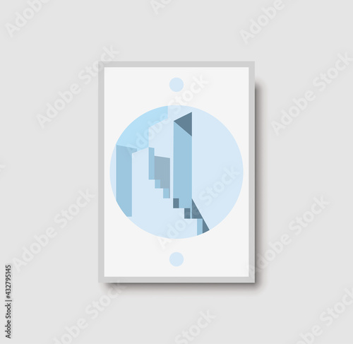 Architecture wall art print. Blue pastel staircase illustrtion for poster, print and decor. Geometric architectural wall art with light and shadows. Stairs, arch and wall minimal vector