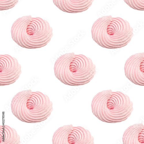 Pink meringue candy pastel colors isolated on white background, seamless pattern. French pastries, sweet swirl zephyr, bakery. Whipped egg cream and sugar. Wallpaper, textiles, wrapping paper print