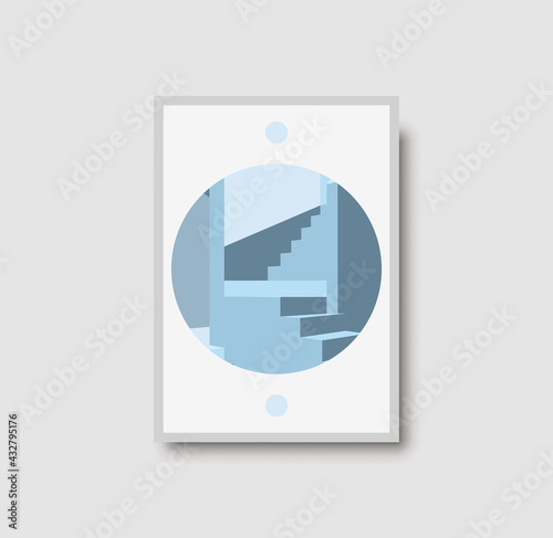 Architecture wall art print. Blue pastel staircase illustrtion for poster, print and decor. Geometric architectural wall art with light and shadows. Stairs, arch and wall minimal vector