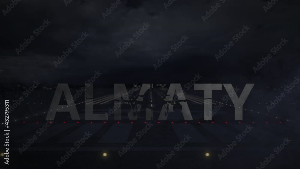 ALMATY text and commercial plane taking off from the airport runway at night, 3d animation ALMATY text and commercial plane taking off from the airport runway at night, 3d animation