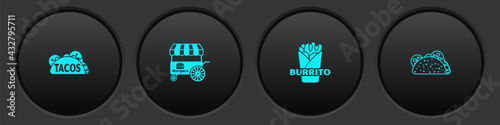 Set Taco with tortilla, Fast street food cart, Burrito and icon. Vector