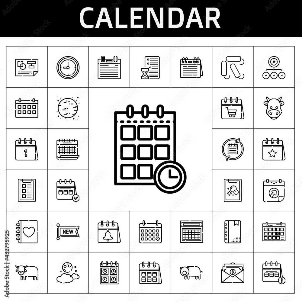 calendar icon set. line icon style. calendar related icons such as calendar, new, ox, cow, clock, salary, agenda, pig, diary, schedule, planning, moon, task, tampon, tasks