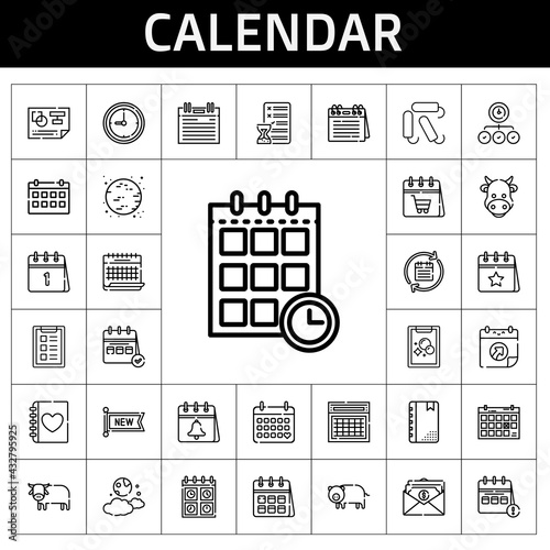 calendar icon set. line icon style. calendar related icons such as calendar, new, ox, cow, clock, salary, agenda, pig, diary, schedule, planning, moon, task, tampon, tasks