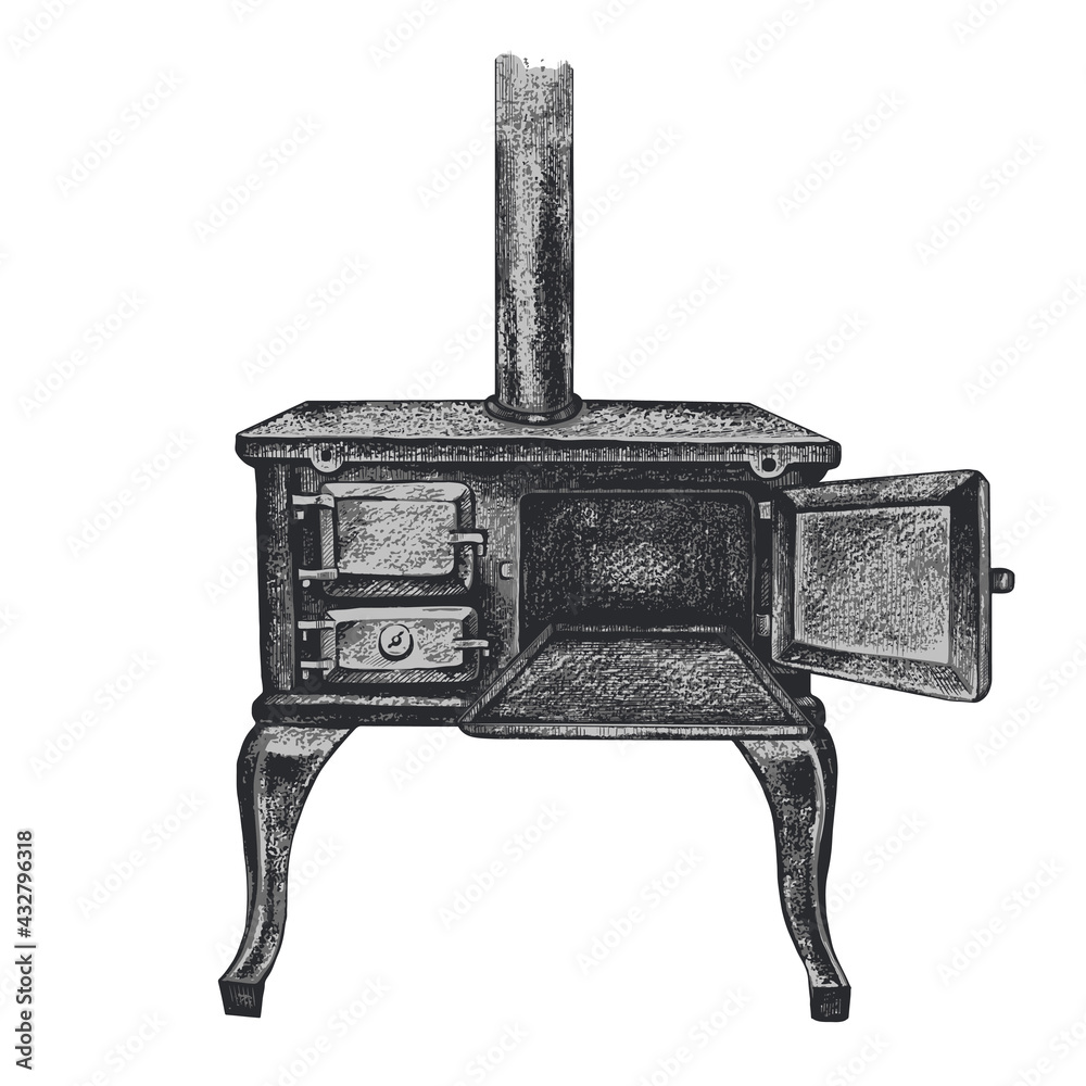 .Antique cast iron stove with an open oven. Vector vintage drawing of