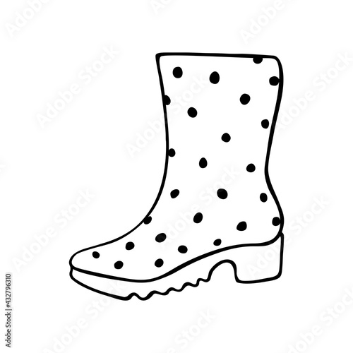 Vector outline polka dot rubber rain boots for rainy weather or gardening. Hand drawn element of clothes, clip art in doodle style, isolated