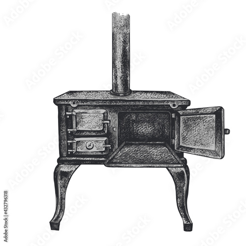 .Antique cast iron stove with an open oven. Vector vintage drawing of wood burning stove.Retro style.