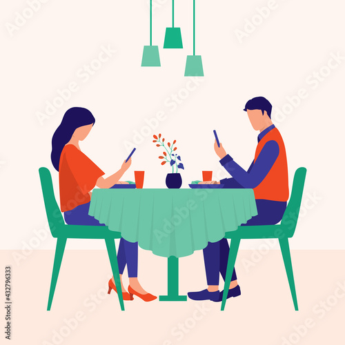 Couple Looking At Phones While Having Meal Together. Poor Communication And Technology Addiction Concept. Vector Illustration Flat Cartoon. Husband And Wife Ignoring Each Other.