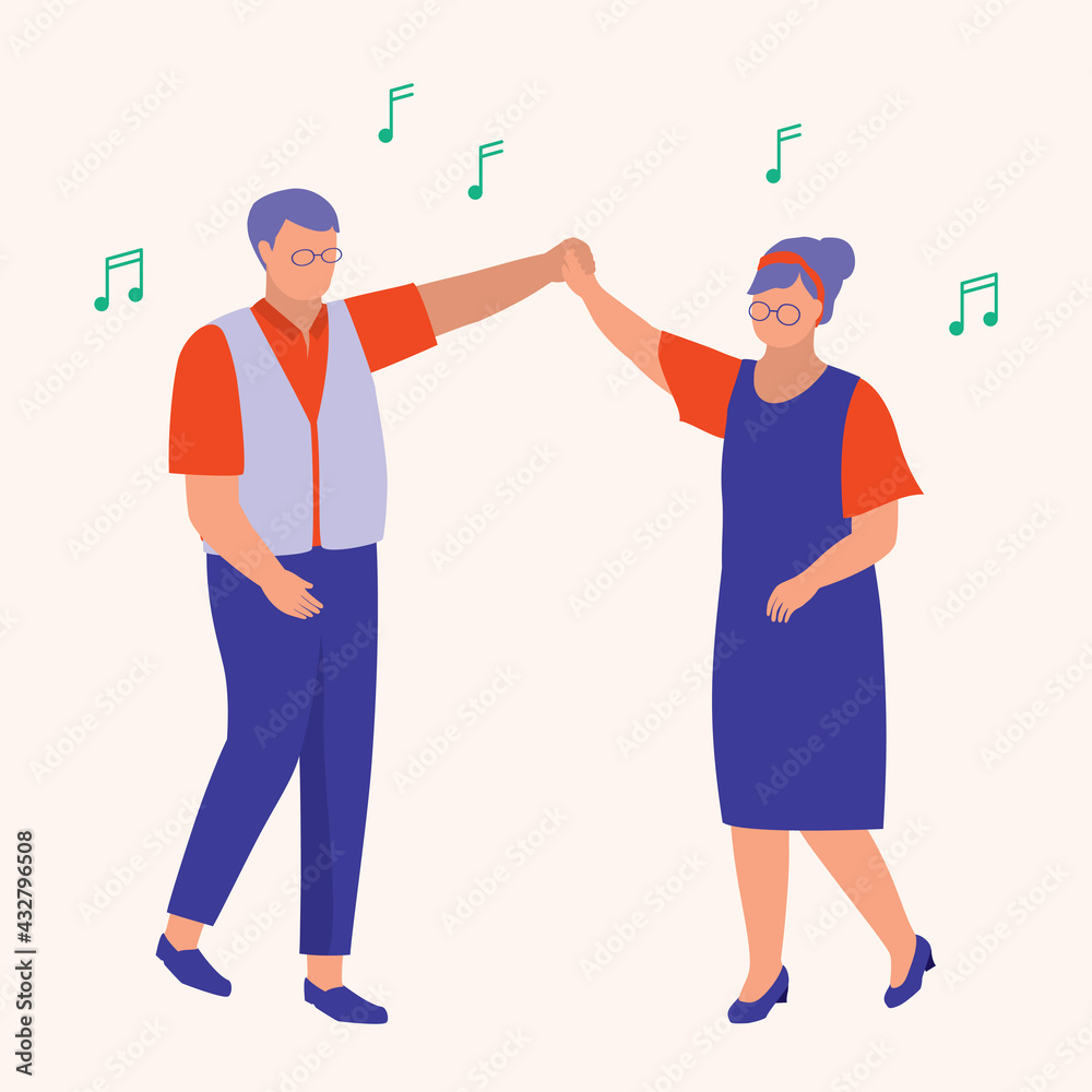 Senior Couple Dance Together. Couple Dating Concept. Vector Illustration Flat Cartoon. Romantic Elderly Couple Enjoys Dancing.