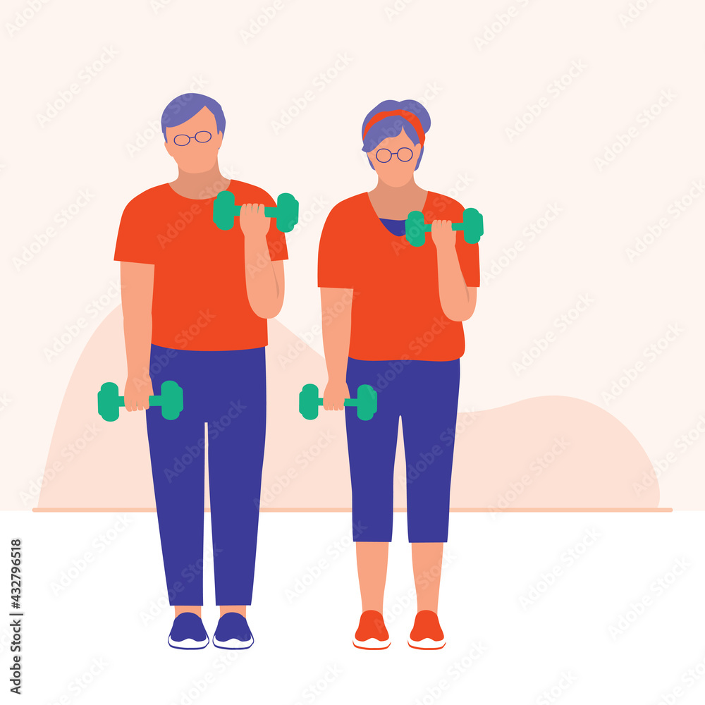Senior Couple In Dumbbell Workouts. Active Lifestyles Concept. Vector Flat Cartoon Illustration. Old Couple Doing Exercise Together.