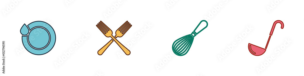 Set Washing dishes, Crossed fork, Kitchen whisk and ladle icon. Vector