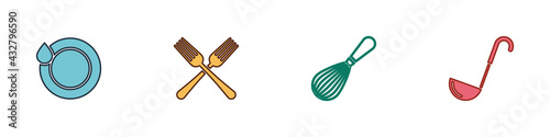 Set Washing dishes, Crossed fork, Kitchen whisk and ladle icon. Vector