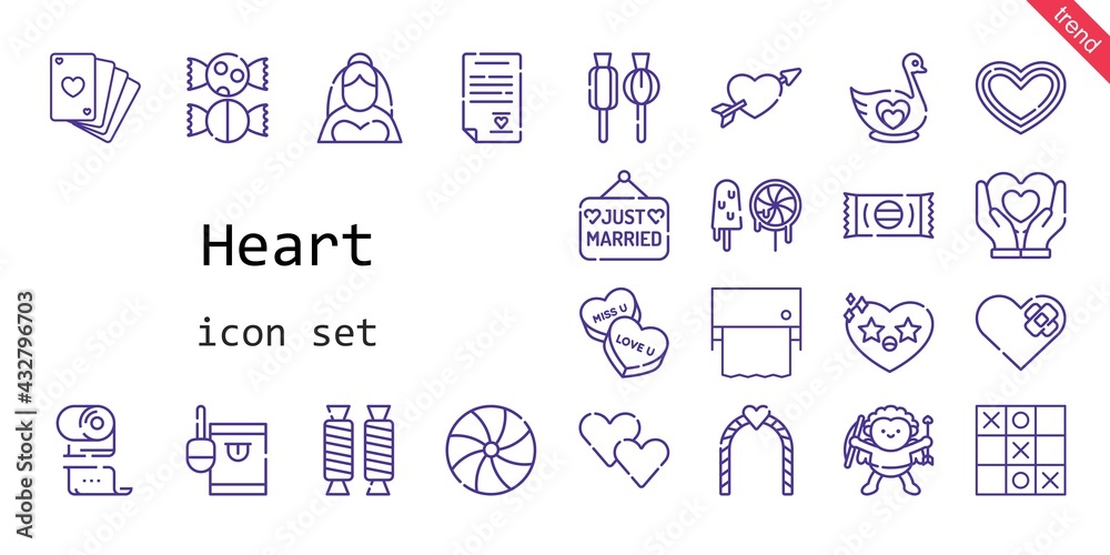 heart icon set. line icon style. heart related icons such as bride, just married, candy, swan, poker, lollipop, heart, cupid, wedding arch, tic tac toe, toilet paper, sweets, sweet, wedding contract,
