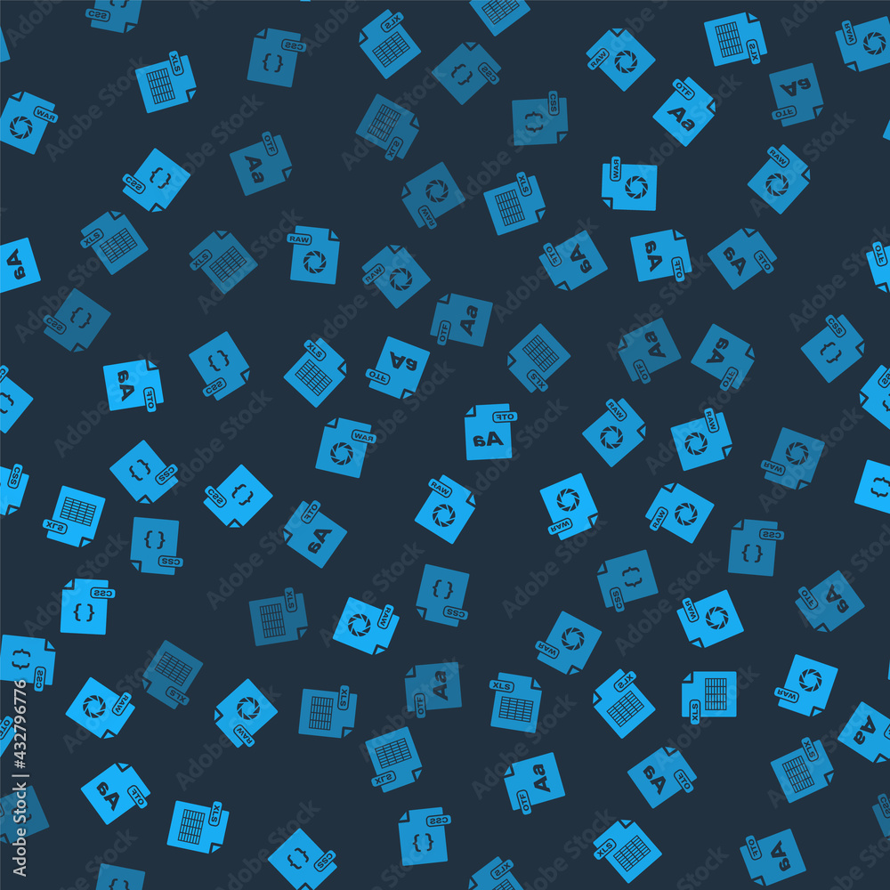 Set XLS file document, RAW, OTF and CSS on seamless pattern. Vector