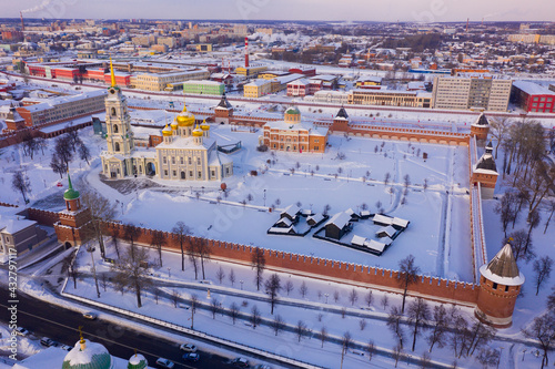 Aerial view of Tula Kremlin overlooking golden domed Assumption Cathedral with bell tower on winter day, Russia