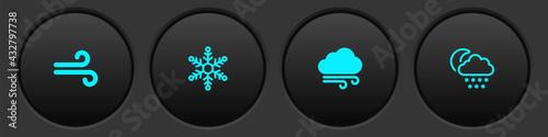 Set Wind, Snowflake, Windy weather and Cloud with snow and moon icon. Vector
