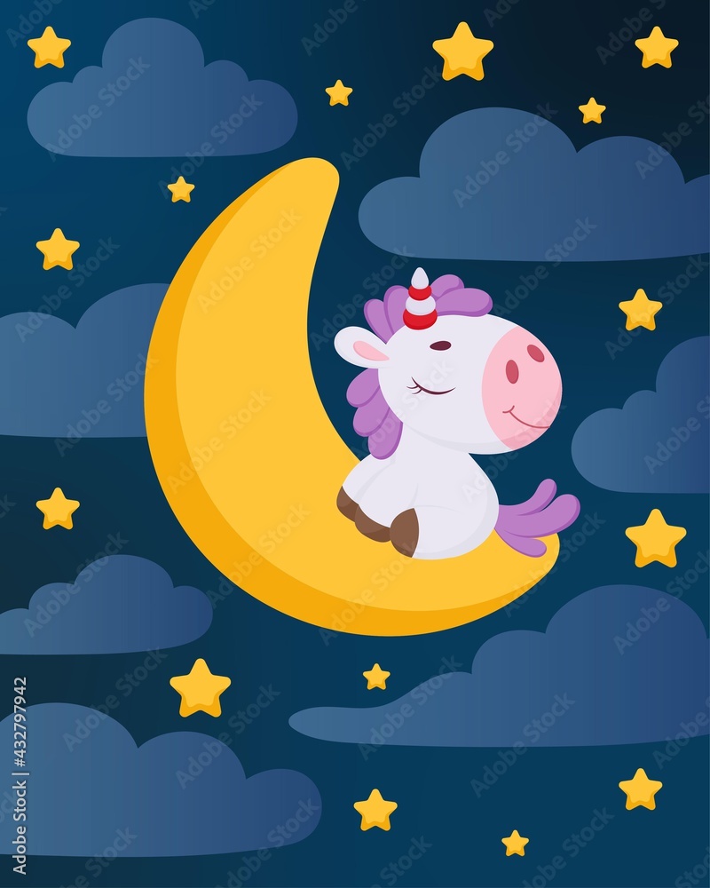 Cute little unicorn sleeping on moon in night sky. Cartoon character for kids room decoration, nursery art, birthday party, baby shower. Bright colored stock vector illustration Cute little unicorn sleeping on moon in night sky. Cartoon character for kids room decoration, nursery art, birthday party, baby shower. Bright colored stock vector illustration