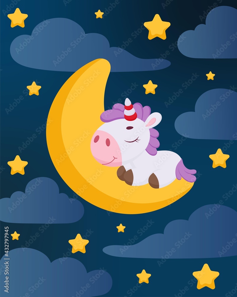 Cute magical unicorn sleeping on moon in night sky. Cartoon character for kids room decoration, nursery art, birthday party, baby shower. Bright colored stock vector illustration Cute magical unicorn sleeping on moon in night sky. Cartoon character for kids room decoration, nursery art, birthday party, baby shower. Bright colored stock vector illustration