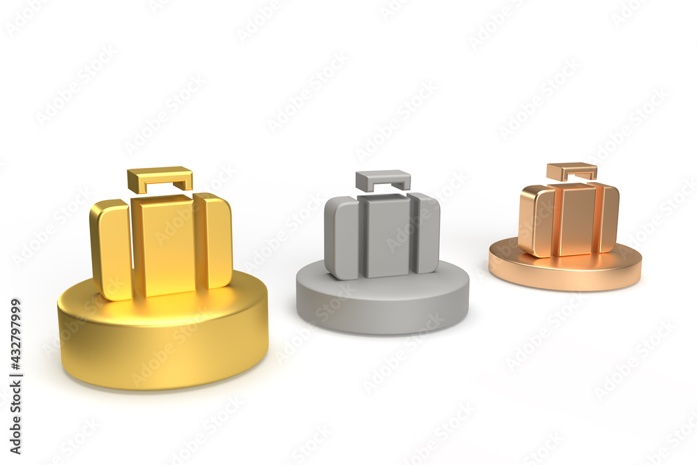 Gold suitcase symbol award for the winner in gold, bronze, silver colors on podium or dais. Gold suitcase symbol award for the winner in gold, bronze, silver colors on podium or dais.