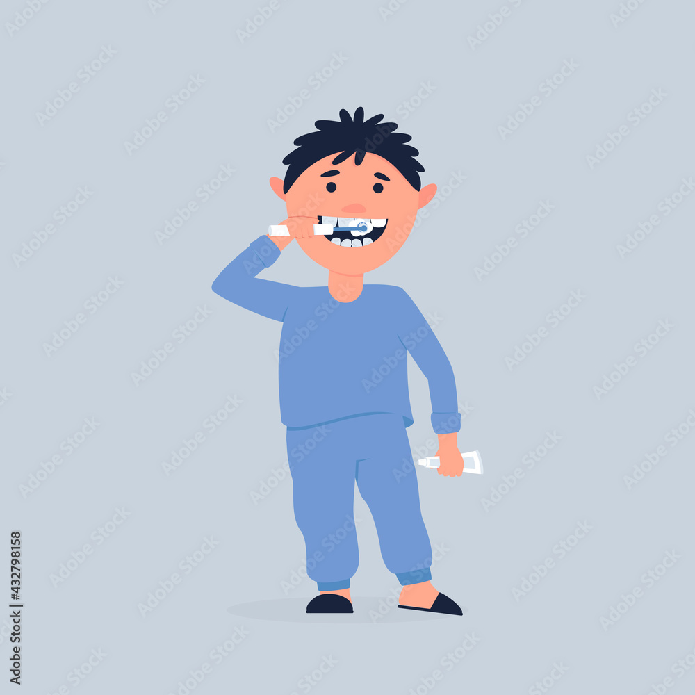 The boy brushes his teeth with an electric brush. The bacteria on the teeth should be brushed twice a day, morning and evening, to prevent tooth decay. Flat vector illustration.