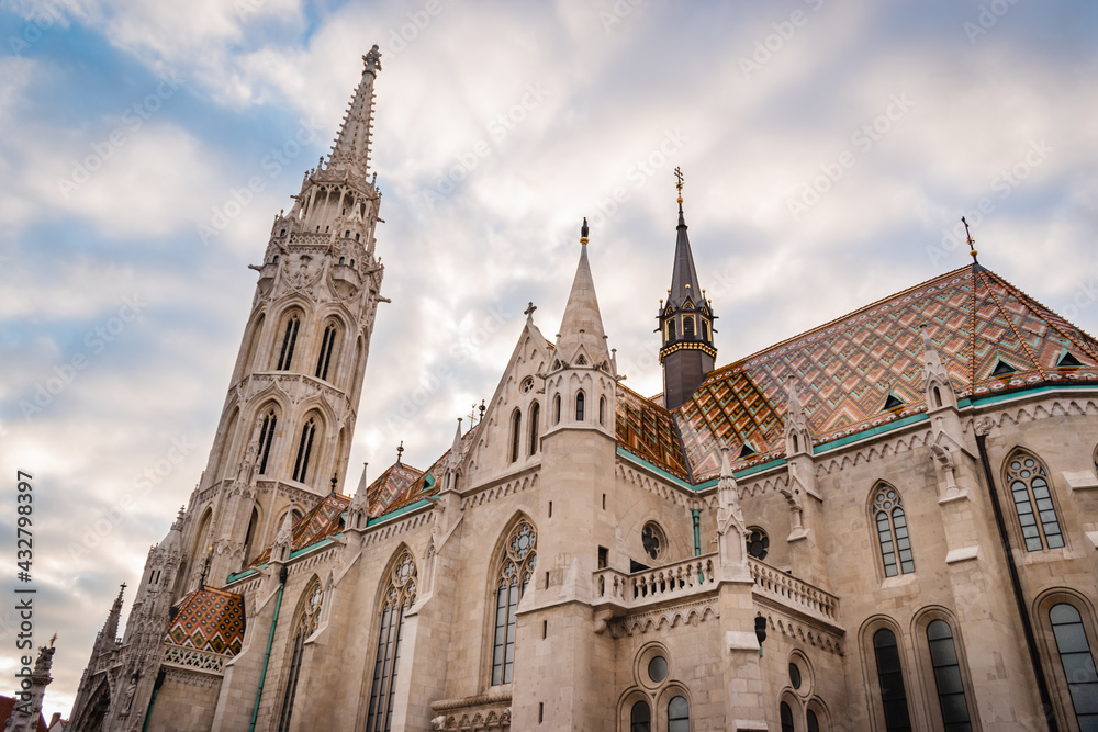 Matthias Church in Budapest on a cloudy day