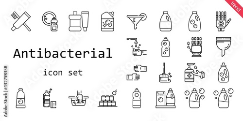 antibacterial icon set. line icon style. antibacterial related icons such as filter, detergent, antiseptic, washing, toothpaste, glove, wiping, bottles, hand wash, hand, photo