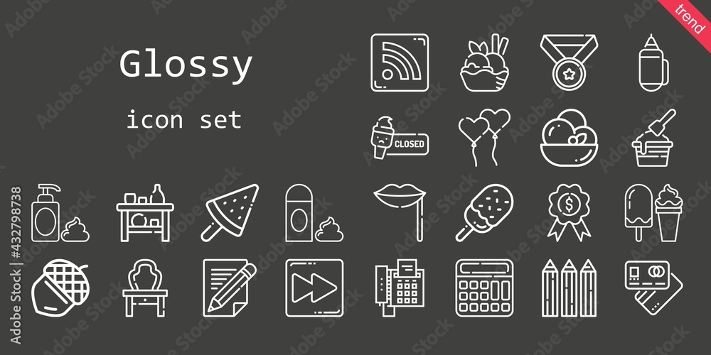 glossy icon set. line icon style. glossy related icons such as calculator, foam, acorn, pencil, rss feed, shelf, debit card, lips, dressing table, ice cream, pencils, medal, ballons, fast forward