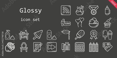 glossy icon set. line icon style. glossy related icons such as calculator, foam, acorn, pencil, rss feed, shelf, debit card, lips, dressing table, ice cream, pencils, medal, ballons, fast forward