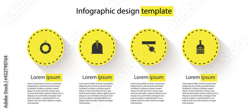 Set Lifebuoy, Pirate sack, eye patch and Alcohol drink Rum bottle. Business infographic template. Vector