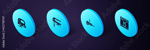Set Isometric Coffee machine and cup, Angle grinder, Electric jigsaw and icon. Vector