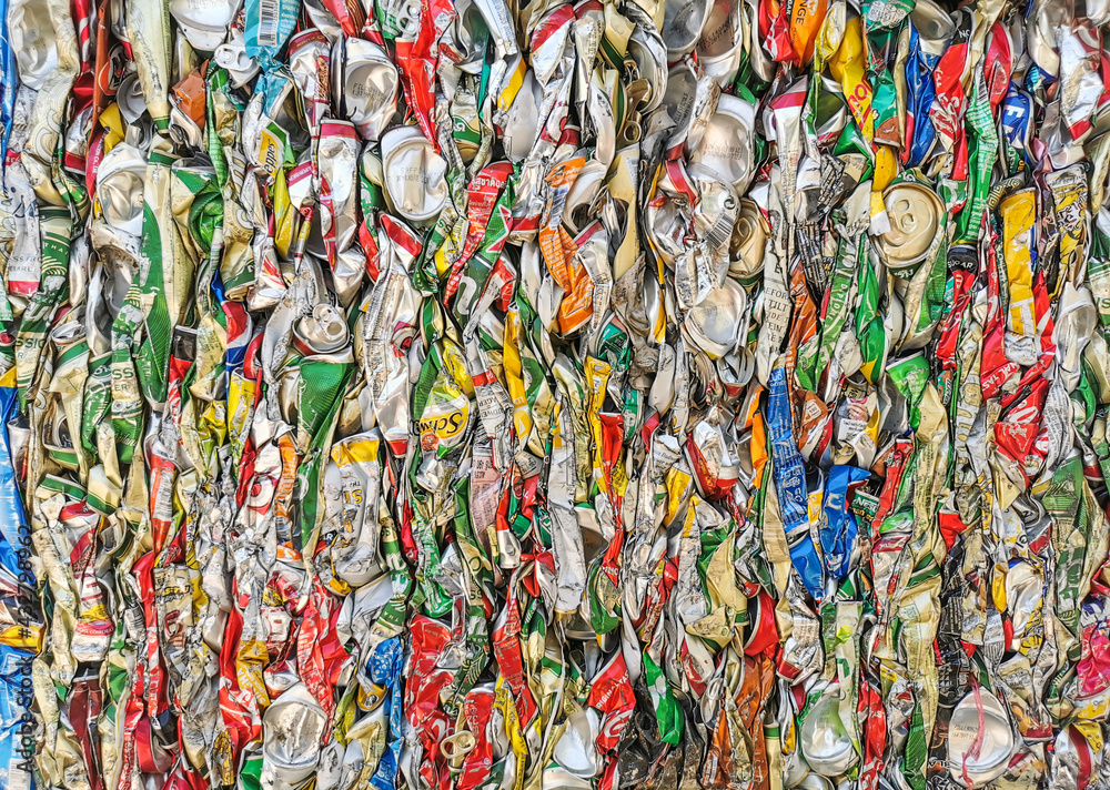 pile of old aluminum beverage cans prepare for recycle