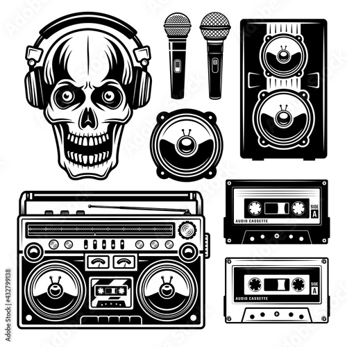 Musical equipment and skull in headphones set of vector objects or design elements isolated on white background