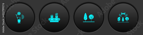 Set Smart farming technology, Conveyor belt with box, Trees and drone icon. Vector