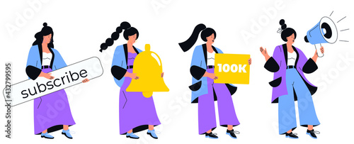 Video blogger calls to subscribe to online channel. A girl holds a loudspeaker, a bell, a button. Social media marketing. Influencer girl attracts followers. Internet vlog. Set of vector character.
