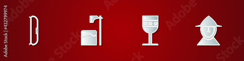 Set Medieval bow, Executioner axe in tree block, goblet and iron helmet icon. Vector