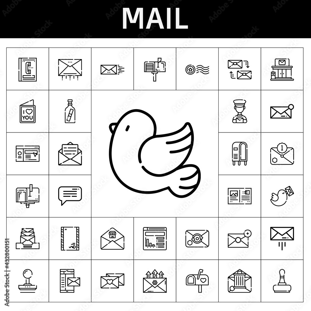 mail icon set. line icon style. mail related icons such as pigeon, message in a bottle, website, mail, stamp, message, mailing, envelope, phone book, mailbox, postman, postcard mail icon set. line icon style. mail related icons such as pigeon, message in a bottle, website, mail, stamp, message, mailing, envelope, phone book, mailbox, postman, postcard