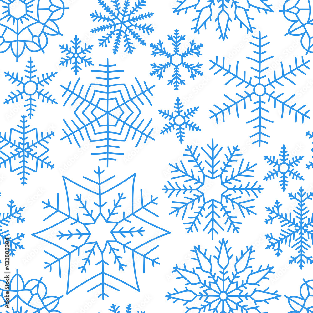 Christmas snowflake sketch seamless pattern. Doodle line web icon set. New Year festive vector collection. Handdrawn color illustrations for greeting card