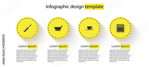 Set Frying pan, Mortar and pestle, Coffee cup and Oven. Business infographic template. Vector