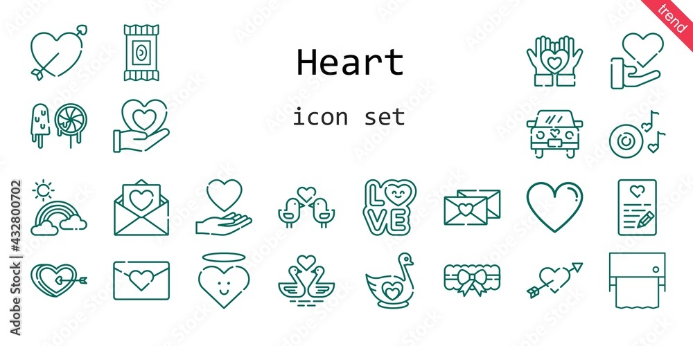 Naklejka premium heart icon set. line icon style. heart related icons such as love, like, candy, garter, swan, heart, swans, cupid, wedding car, rainbow, romantic music, love birds, love letter, toilet paper, sweets,