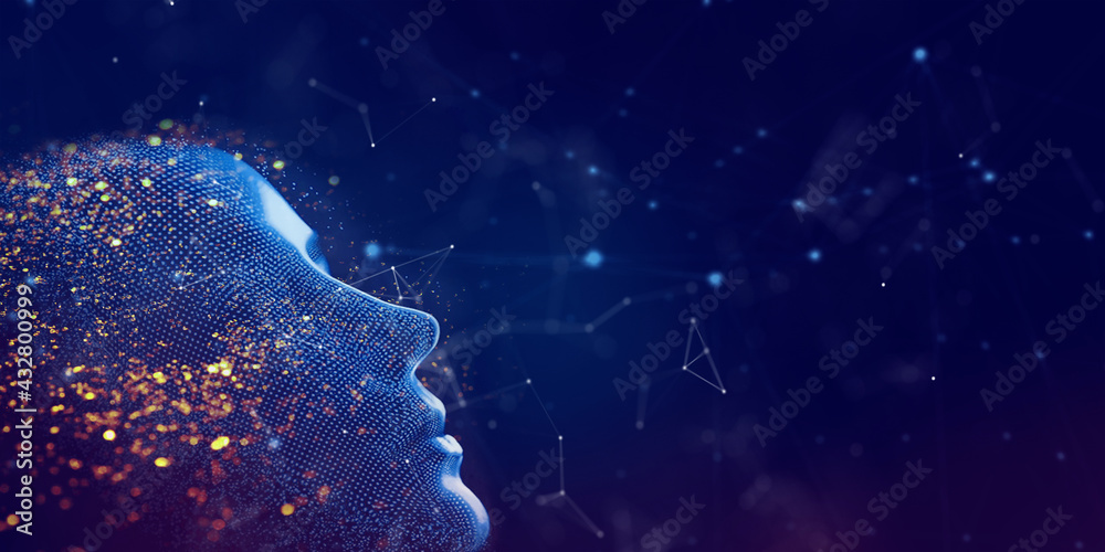 © Reda - Big data and artificial intelligence concept. Machine learning and cyber mind domination concept in form of women face on dark blue technology background, 3d illustration.