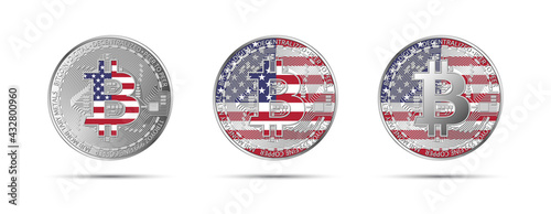 Three Bitcoin crypto coins with the flag of USA. Money of the future. Modern cryptocurrency vector illustration
