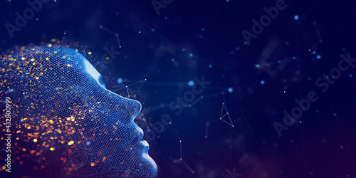 Big data and artificial intelligence concept. Machine learning and cyber mind domination concept in form of women face on dark blue technology background, 3d illustration.