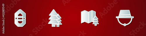 Set Rafting boat, Tree, Location of the forest and Camping hat icon. Vector